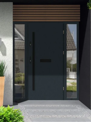 Model DRACO BLACK PREMIUM 72 mm front door with double sidelights / side panels with black bar - energy efficient modern external door with mirrored g