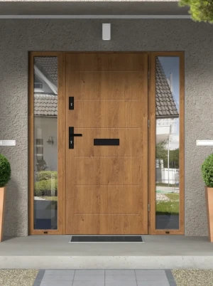 Model AVON BLACK PREMIUM 72 mm front door with double sidelights / side panels with black handle - energy efficient modern external door with mirrored