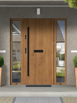 Model AVON BLACK PREMIUM 72 mm front door with double sidelights / side panels with black bar - energy efficient modern external door with mirrored gl