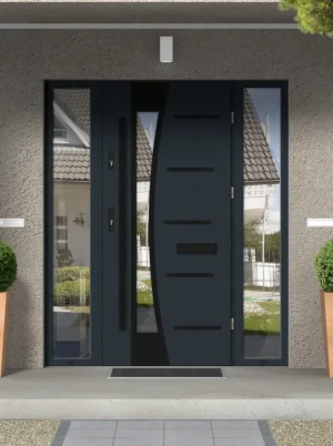 Model AGAMA BLACK PREMIUM 72 mm front door with double sidelights / side panels with black bar - energy efficient modern external door with mirrored g