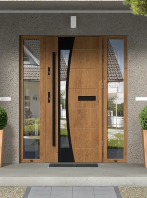 Model BELLIS BLACK PREMIUM 72 mm front door with double sidelights / side panels with black bar - energy efficient modern external door with mirrored