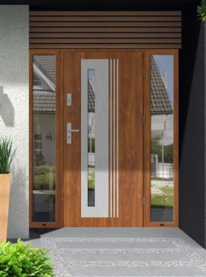Model COLLARIS PREMIUM 72 mm front door with double sidelights / side panels with handle – energy efficient modern external door with mirrored glass I