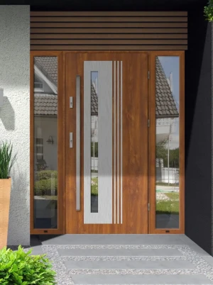 Model COLLARIS PREMIUM 72 mm front door with double sidelights / side panels with bar – energy efficient modern external door with mirrored glass Inox