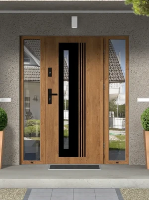 Model COLLARIS BLACK PREMIUM 72 mm front door with double sidelights / side panels with black handle - energy efficient modern external door with mirr