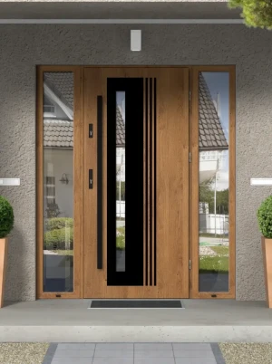 Model COLLARIS BLACK PREMIUM 72 mm front door with double sidelights / side panels with black bar - energy efficient modern external door with mirrore