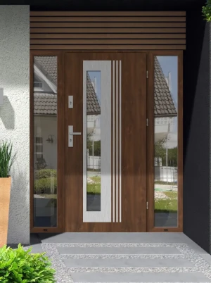 Model VARIUS PREMIUM 72 mm front door with double sidelights / side panels with handle – energy efficient modern external door with mirrored glass Ino