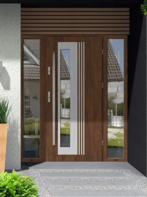 Model VARIUS PREMIUM 72 mm front door with double sidelights / side panels with bar – energy efficient modern external door with mirrored glass Inox D