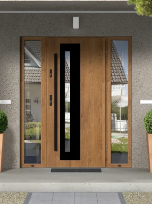 Model NATRIX BLACK PREMIUM 72 mm front door with double sidelights / side panels with black bar - energy efficient modern external door with mirrored