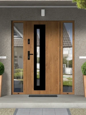 Model NATRIX BLACK PREMIUM 72 mm front door with double sidelights / side panels with black handle - energy efficient modern external door with mirror