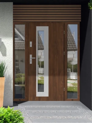 Model PALLAS PREMIUM 72 mm front door with double sidelights / side panels with handle – energy efficient modern external door with mirrored glass Ino