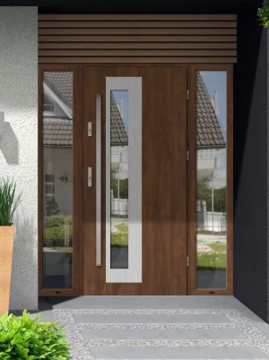 Model PALLAS PREMIUM 72 mm front door with double sidelights / side panels with bar – energy efficient modern external door with mirrored glass Inox D