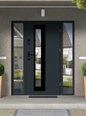 Model PALLAS BLACK PREMIUM 72 mm front door with double sidelights / side panels with black handle - energy efficient modern external door with mirror
