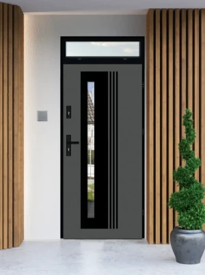 Model COLLARIS LOFT PREMIUM 72 mm front door with top sidelight / top panel with black frame and black handle - energy efficient modern external door