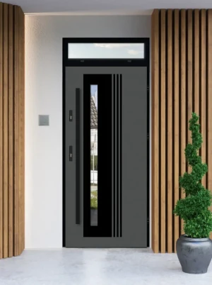 Model COLLARIS LOFT PREMIUM 72 mm front door with top sidelight / top panel with black frame and black bar - energy efficient modern external door wit