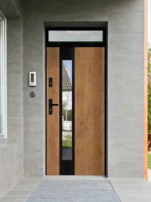 Model CAIMAN LOFT PREMIUM 72 mm front door with top sidelight / top panel with black frame and black handle - energy efficient modern external door wi