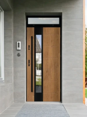 Model CAIMAN LOFT PREMIUM 72 mm front door with top sidelight / top panel with black frame and black bar - energy efficient modern external door with