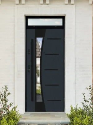Model AGAMA LOFT PREMIUM 72 mm front door with top sidelight / top panel with black frame and black bar - energy efficient modern external door with m