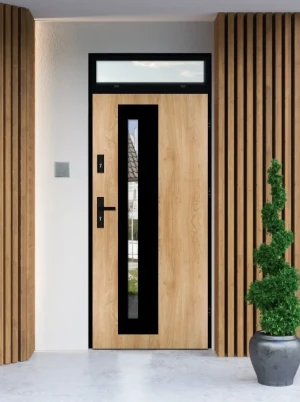 Model NATRIX LOFT PREMIUM 72 mm front door with top sidelight / top panel with black frame and black handle - energy efficient modern external door wi