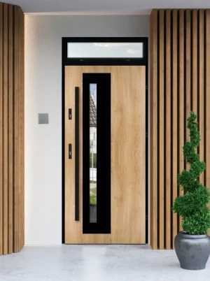 Model NATRIX LOFT PREMIUM 72 mm front door with top sidelight / top panel with black frame and black bar - energy efficient modern external door with