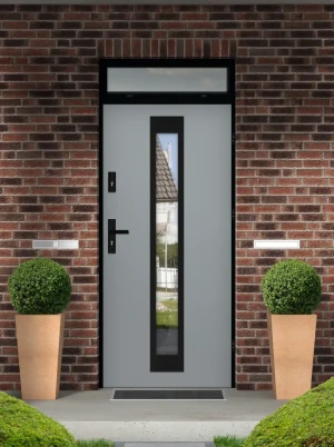 Model IGUANA LOFT PREMIUM 72 mm front door with top sidelight / top panel with black frame and black handle - energy efficient modern external door wi
