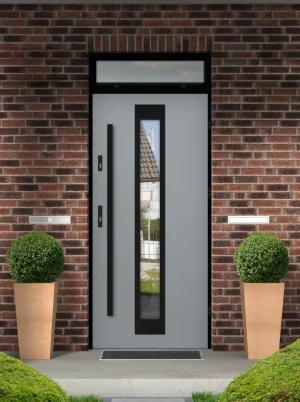 Model IGUANA LOFT PREMIUM 72 mm front door with top sidelight / top panel with black frame and black bar - energy efficient modern external door with
