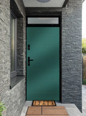 Model AVON LOFT PREMIUM 72 mm front door with top sidelight / top panel with black frame and black handle - energy efficient modern external door with
