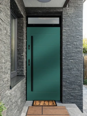 Model AVON LOFT PREMIUM 72 mm front door with top sidelight / top panel with black frame and black bar - energy efficient modern external door with mi