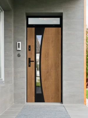 Model BELLIS LOFT PREMIUM 72 mm front door with top sidelight / top panel with black frame and black handle - energy efficient modern external door wi