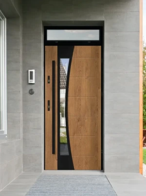 Model BELLIS LOFT PREMIUM 72 mm front door with top sidelight / top panel with black frame and black bar - energy efficient modern external door with