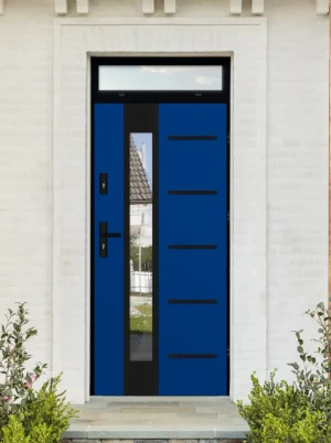 Model UTA LOFT PREMIUM 72 mm front door with top sidelight / top panel with black frame and black handle - energy efficient modern external door with