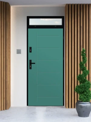 Model GEKKO LOFT PREMIUM 72 mm front door with top sidelight / top panel with black frame and black handle - energy efficient modern external door wit