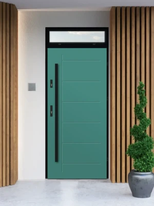 Model GEKKO LOFT PREMIUM 72 mm front door with top sidelight / top panel with black frame and black bar - energy efficient modern external door with m