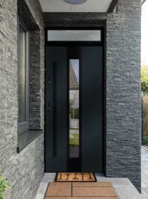 Model PAPUA LOFT PREMIUM 72 mm front door with top sidelight / top panel with black frame and black bar - energy efficient modern external door with m