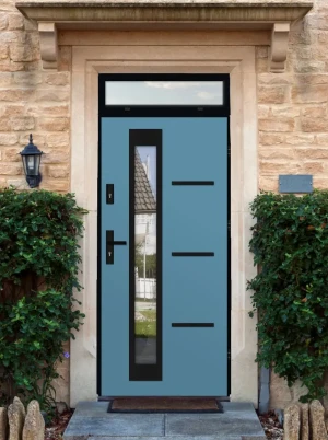Model GRECA LOFT PREMIUM 72 mm front door with top sidelight / top panel with black frame and black handle - energy efficient modern external door wit