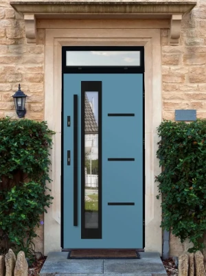 Model GRECA LOFT PREMIUM 72 mm front door with top sidelight / top panel with black frame and black bar - energy efficient modern external door with m