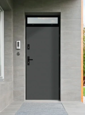 Model DRACO LOFT PREMIUM 72 mm front door with top sidelight / top panel with black frame and black handle - energy efficient modern external door wit