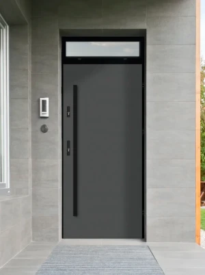 Model DRACO LOFT PREMIUM 72 mm front door with top sidelight / top panel with black frame and black bar - energy efficient modern external door with m