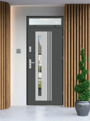 Model COLLARIS PREMIUM 72 mm front door with top sidelight / top panel with handle – energy efficient modern external door with mirrored glass