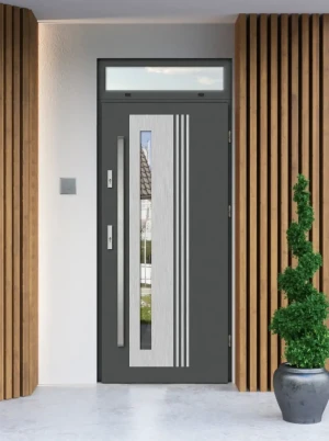 Model COLLARIS PREMIUM 72 mm front door with top sidelight / top panel with bar – energy efficient modern external door with mirrored glass