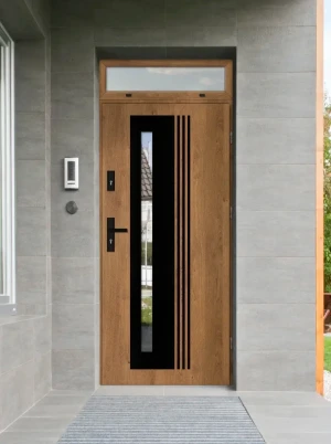 Model COLLARIS BLACK PREMIUM 72 mm front door with top sidelight / top panel with black handle - energy efficient modern external door with mirrored g