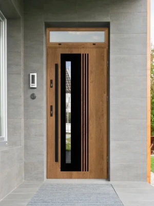 Model COLLARIS BLACK PREMIUM 72 mm front door with top sidelight / top panel with black bar - energy efficient modern external door with mirrored glas