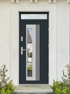 Model VARIUS PREMIUM 72 mm front door with top sidelight / top panel with handle – energy efficient modern external door with mirrored glass