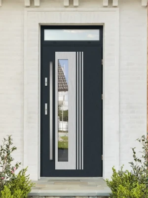 Model VARIUS PREMIUM 72 mm front door with top sidelight / top panel with bar – energy efficient modern external door with mirrored glass