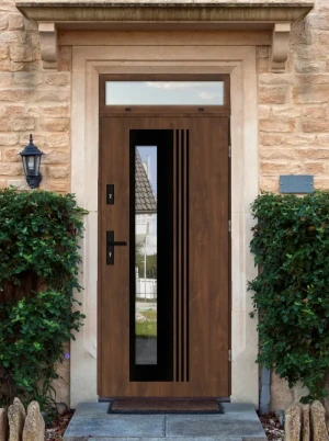 Model VARIUS BLACK PREMIUM 72 mm front door with top sidelight / top panel with black handle - energy efficient modern external door with mirrored gla