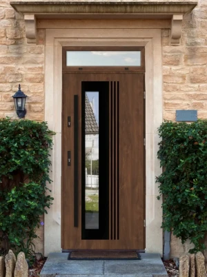 Model VARIUS BLACK PREMIUM 72 mm front door with top sidelight / top panel with black bar - energy efficient modern external door with mirrored glass