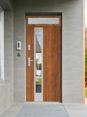 Model CAIMAN PREMIUM 72 mm front door with top sidelight / top panel with handle – energy efficient modern external door with mirrored glass