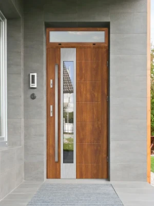 Model CAIMAN PREMIUM 72 mm front door with top sidelight / top panel with bar – energy efficient modern external door with mirrored glass
