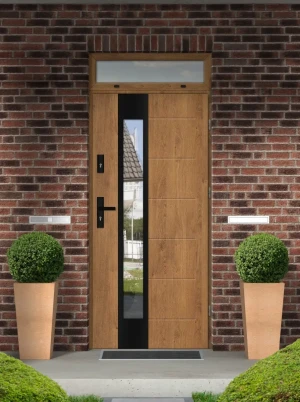 Model CAIMAN BLACK PREMIUM 72 mm front door with top sidelight / top panel with black handle - energy efficient modern external door with mirrored gla