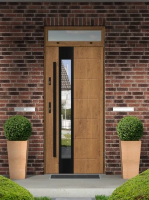 Model CAIMAN BLACK PREMIUM 72 mm front door with top sidelight / top panel with black bar - energy efficient modern external door with mirrored glass