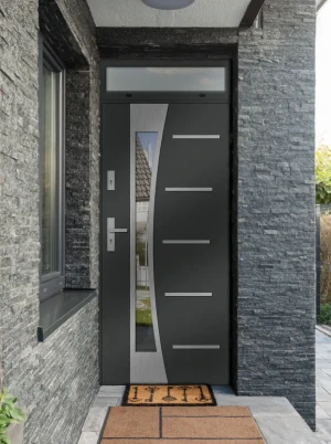 Model AGAMA PREMIUM 72 mm front door with top sidelight / top panel with handle – energy efficient modern external door with mirrored glass